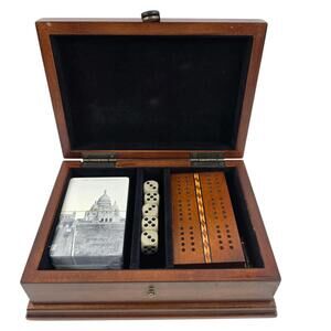 Vintage Wooden Game Set – Cribbage, Dice & Playing Cards in Inlaid Wood Box